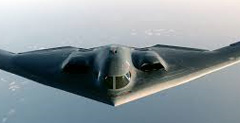 a stealth aircraft, characterized by its distinctive angular and flat surfaces designed to minimize radar cross-section and enhance its invisibility to radar detection systems. It's flying over a serene body of water, which creates a sense of calm and isolation.